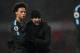 LONDON, ENGLAND - MARCH 01: Leroy Sane of Manchester City and Pep Guardiola the head coach / manager of Manchester City at full time during the Premier League match between Arsenal and Manchester City at Emirates Stadium on March 1, 2018 in London, England. (Photo by Matthew Ashton - AMA/Getty Images)