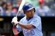 Kansas City Royals' Terrance Gore bats during the third inning of a baseball game Thursday, July 4, 2019, in Kansas City, Mo. (AP Photo/Charlie Riedel)