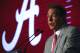 Alabama head coach Nick Saban speaks during the NCAA college football Southeastern Conference Media Days, Wednesday, July 17, 2019, in Hoover, Ala. (AP Photo/Butch Dill)