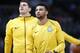 Denver Nuggets guard Jamal Murray (27) and Denver Nuggets center Nikola Jokic (15) in the first half of an NBA basketball game Friday, Jan. 5, 2018, in Denver. (AP Photo/David Zalubowski)