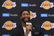 Forward Anthony Davis talks to the media as he is introduced by his new team, the Los Angeles Lakers at his press event in El Segundo, California on July 13, 2019. - The Los Angeles Lakers acquired Anthony Davis from the New Orleans Pelicans. (Photo by Mark RALSTON / AFP) (Photo credit should read MARK RALSTON/AFP/Getty Images)