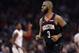 Houston Rockets' Chris Paul reacts after making a 3-point basket against the Los Angeles Clippers during the first half of an NBA basketball game Wednesday, April 3, 2019, in Los Angeles. (AP Photo/Marcio Jose Sanchez)