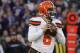 Cleveland Browns quarterback Baker Mayfield looks for a receiver in the first half of an NFL football game against the Baltimore Ravens, Sunday, Dec. 30, 2018, in Baltimore. (AP Photo/Carolyn Kaster)