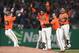 SAN FRANCISCO, CA - JULY 19: Pablo Sandoval #48 of the San Francisco Giants and teammates celebrates after Sandoval hit a fly ball to left field that was dropped for an error by Dominic Smith #22 of the New York Mets allowing the Giants to win the game 1-0 in 10 inning at Oracle Park on July 19, 2019 in San Francisco, California. (Photo by Thearon W. Henderson/Getty Images)