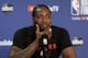 Toronto Raptors forward Kawhi Leonard speaks to reporters before a team practice in Oakland, Calif., Wednesday, June 12, 2019. The Raptors are scheduled to play the Golden State Warriors in Game 6 of basketball's NBA Finals on Thursday. (AP Photo/Jeff Chiu)