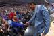 LOS ANGELES, CA - JANUARY 8: Professional Boxers Floyd Mayweather and Manny Pacquiao greet each other during the game between the Charlotte Hornets and LA Clippers on January 8, 2019 at STAPLES Center in Los Angeles, California. NOTE TO USER: User expressly acknowledges and agrees that, by downloading and/or using this Photograph, user is consenting to the terms and conditions of the Getty Images License Agreement. Mandatory Copyright Notice: Copyright 2019 NBAE (Photo by Andrew D. Bernstein/NBAE via Getty Images)