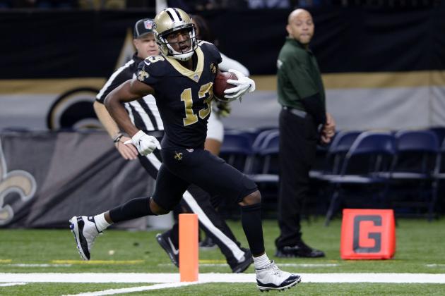 New Orleans Saints wide receiver Michael Thomas (13) scores on a 72 yard touchdown reception in the second half of an NFL football game against the Los Angeles Rams in New Orleans, Sunday, Nov. 4, 2018. (AP Photo/Bill Feig)
