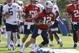 New England Patriots quarterbacks Danny Etling (5), Jarrett Stidham (58), Tom Brady (12), and Brian Hoyer (2), perform field drills during an NFL football training camp practice, Thursday, July 25, 2019, in Foxborough, Mass. (AP Photo/Steven Senne)