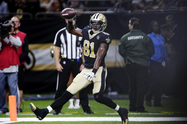 New Orleans Saints wide receiver Cameron Meredith (81) celebrates his touchdown reception in the first half of an NFL preseason football game against the Los Angeles Rams in New Orleans, Thursday, Aug. 30, 2018. (AP Photo/Bill Feig)
