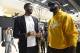 EL SEGUNDO, CA - JULY 13: Anthony Davis (R) talks with LeBron James after during a press conference where Davis was introduced as the newest player of the Los Angeles Lakers at UCLA Health Training Center on July 13, 2019 in El Segundo, California. NOTE TO USER: User expressly acknowledges and agrees that, by downloading and/or using this Photograph, user is consenting to the terms and conditions of the Getty Images License Agreement. (Photo by Kevork Djansezian/Getty Images)