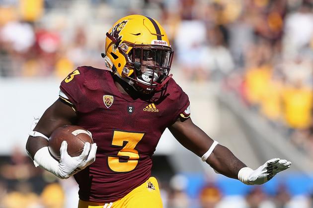 TEMPE, AZ - NOVEMBER 03: Running back Eno Benjamin #3 of the Arizona State Sun Devils rushes the football against the Utah Utes during the first half of the college football game at Sun Devil Stadium on November 3, 2018 in Tempe, Arizona. (Photo by Christian Petersen/Getty Images)