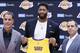 EL SEGUNDO, CA - JULY 13: General Manager Rob Pelinka and Head Coach, Frank Vogel introduce Anthony Davis #3 of the Los Angeles Lakers to the media during a press conference on July 13, 2019 at the UCLA Health Training Center in El Segundo, California. NOTE TO USER: User expressly acknowledges and agrees that, by downloading and/or using this photograph, user is consenting to the terms and conditions of the Getty Images License Agreement. Mandatory Copyright Notice: Copyright 2019 NBAE (Photo by Chris Elise/NBAE via Getty Images)