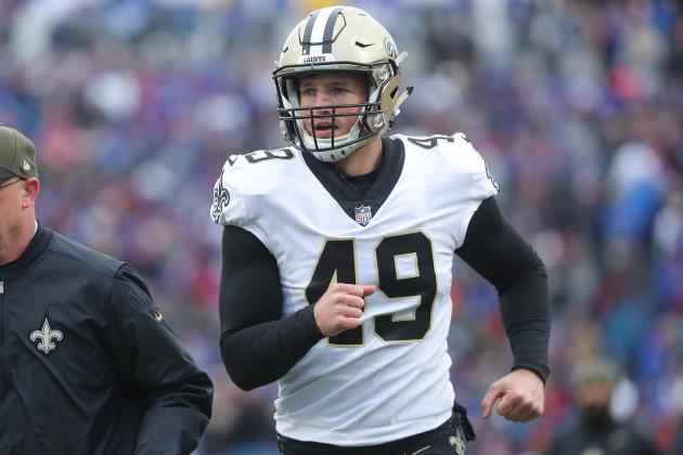 BUFFALO, NY - NOVEMBER 12: Zach Wood #49 of the New Orleans Saints during NFL game action against the Buffalo Bills at New Era Field on November 12, 2017 in Buffalo, New York. (Photo by Tom Szczerbowski/Getty Images)