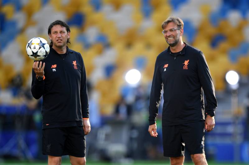 KIEV, UKRAINE - MAY 25:  Jurgen Klopp, Manager of Liverpool (R) and Peter Krawietz assistant coach of Liverpool look on during a Liverpool training session ahead of the UEFA Champions League Final against Real Madrid at NSC Olimpiyskiy Stadium on May 25, 2018 in Kiev, Ukraine.  (Photo by Shaun Botterill/Getty Images)