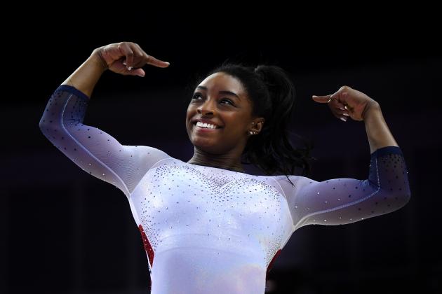 LONDON, ENGLAND - MARCH 23: Simone Biles of the USA reacts after finishing her her performance on balance beam during the Superstars of Gymnastics at The O2 Arena on March 23, 2019 in London, England. (Photo by Laurence Griffiths/Getty Images)
