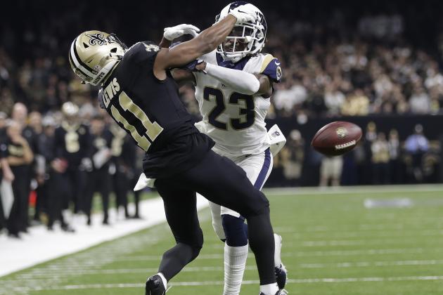 FILE - In this Jan. 20, 2019, file photo, Los Angeles Rams' Nickell Robey-Coleman breaks up a pass intended for New Orleans Saints' Tommylee Lewis during the second half of the NFL football NFC championship game, in New Orleans.  Jacksonville Jaguars defensive end Calais Campbell watched the NFL’s conference championship games on his phone while flying home from South Africa last weekend. Campbell was stunned officials chose not to penalize Robey-Coleman for flattening Saints receiver Tommylee Lewis before the ball arrived. (AP Photo/Gerald Herbert, File)