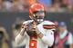 Cleveland Browns quarterback Baker Mayfield looks to pass during the first half of the team's NFL preseason football game against the Washington Redskins, Thursday, Aug. 8, 2019, in Cleveland. (AP Photo/David Richard)