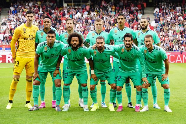 SALZBURG, AUSTRIA - AUGUST 7: Thibaut Courtois of Real Madrid, Eder Militao of Real Madrid, Sergio Ramos of Real Madrid, Toni Kroos of Real Madrid, Raphael Varane of Real Madrid, Karim Benzema of Real Madrid, Casemiro of Real Madrid, Marcelo of Real Madrid, Daniel Carvajal of Real Madrid, Isco of Real Madrid and Eden Hazard of Real Madrid prior to the pre season friendly match between Red Bull Salzburg and Real Madrid at Red Bull Arena on August 7, 2019 in Salzburg, Austria. (Photo by Michael Molzar/SEPA.Media /Getty Images)