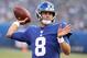 EAST RUTHERFORD, NEW JERSEY - AUGUST 08: Daniel Jones #8 of the New York Giants throws a warmup pass before the game against the New York Jets during their Pre Season game at MetLife Stadium on August 08, 2019 in East Rutherford, New Jersey. (Photo by Al Bello/Getty Images)
