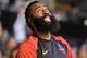 Houston Rockets guard James Harden stands on the court before an NBA basketball game against the Memphis Grizzlies Wednesday, March 20, 2019, in Memphis, Tenn. (AP Photo/Brandon Dill)