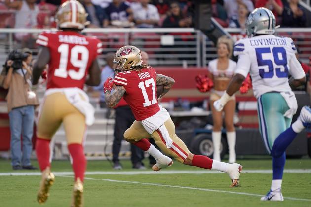 SANTA CLARA, CA - AUGUST 10: Jalen Hurd #17 of the San Francisco 49ers catches a pass and races towards the endzone against the Dallas Cowboys in the second quarter of a preseason NFL football game at Levi's Stadium on August 10, 2019 in Santa Clara, California. Hurd scored a touchdown on the play. (Photo by Thearon W. Henderson/Getty Images)