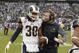 Los Angeles Rams running back Todd Gurley (30) is congratulated by head coach Sean McVay after Gurley scored a touchdown against the Tennessee Titans on an 80-yard pass reception in the first half of an NFL football game Sunday, Dec. 24, 2017, in Nashville, Tenn. (AP Photo/Mark Zaleski)
