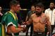 MONTEVIDEO, URUGUAY - AUGUST 10: (L-R) Vicente Luque and Mike Perry talk after their welterweight fight during the UFC Fight Night event at Antel Arena on August 10, 2019 in Montevideo, Uruguay. (Photo by Alexandre Schneider /Zuffa LLC/Zuffa LLC)