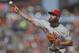 Philadelphia Phillies pitcher Jake Arrieta works against the San Francisco Giants in the first inning of a baseball game Sunday, Aug. 11, 2019, in San Francisco. (AP Photo/Ben Margot)