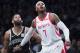 Houston Rockets forward Carmelo Anthony (7) and Brooklyn Nets guard Allen Crabbe (33) vie for position during a free throw during the second half of an NBA basketball game, Friday, Nov. 2, 2018, in New York. The Rockets won 119-111. (AP Photo/Mary Altaffer)
