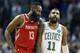 Houston Rockets' James Harden (13) follows Boston Celtics' Kyrie Irving (11) upcourt following a timeout during the fourth quarter of an NBA basketball game in Boston, Thursday, Dec. 28, 2017. (AP Photo/Michael Dwyer)