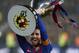 BARCELONA, SPAIN - APRIL 27: Lionel Messi of FC Barcelona celebrates with the La Liga trophy following his team's victory in the La Liga match between FC Barcelona and Levante UD at Camp Nou on April 27, 2019 in Barcelona, Spain. (Photo by Quality Sport Images/Getty Images)