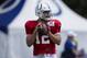 Indianapolis Colts quarterback Andrew Luck (12) throws during practice at the NFL team's football training camp in Westfield, Ind., Sunday, July 28, 2019. (AP Photo/Michael Conroy)