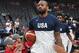 LAS VEGAS, NEVADA - AUGUST 09: P.J. Tucker #44 of the 2019 USA Men's National Team is greeted by people being assisted by the Tragedy Assistance Program for Survivors (TAPS) before the 2019 USA Basketball Men's National Team Blue-White exhibition game at T-Mobile Arena on August 9, 2019 in Las Vegas, Nevada. (Photo by Ethan Miller/Getty Images)