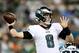 JACKSONVILLE, FLORIDA - AUGUST 15: Clayton Thorson #8 of the Philadelphia Eagles throws a pass in the first quarter against the Jacksonville Jaguars at TIAA Bank Field on August 15, 2019 in Jacksonville, Florida. (Photo by James Gilbert/Getty Images)