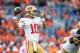 DENVER, CO - AUGUST 19: Quarterback Jimmy Garoppolo #10 of the San Francisco 49ers passes against the Denver Broncos in the first quarter during a preseason National Football League game at Broncos Stadium at Mile High on August 19, 2019 in Denver, Colorado. (Photo by Dustin Bradford/Getty Images)