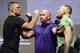Dana White, center, stands between Nate Diaz, left, and Conor McGregor during a UFC 202 mixed martial arts news conference, Thursday, July 7, 2016, in Las Vegas. Diaz and McGregor are scheduled to fight at UFC 202 in Las Vegas. (AP Photo/John Locher)