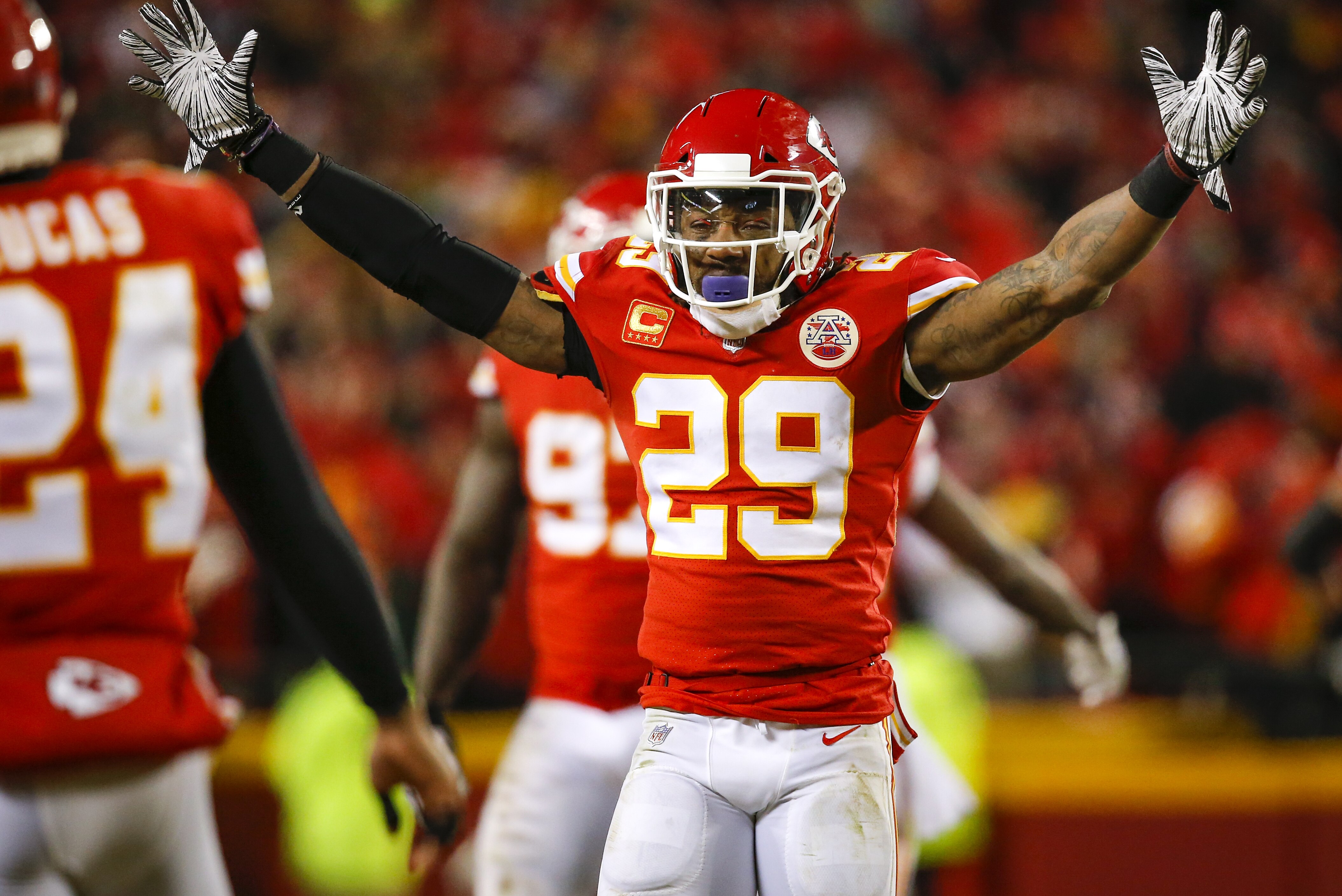 KANSAS CITY, MO - JANUARY 20: Safety Eric Berry #29 of the Kansas City Chiefs celebrates the fourth quarter interception of teammate safety Daniel Sorensen #49 of the Kansas City Chiefs against the New England Patriots in the AFC Championship Game at Arrowhead Stadium on January 20, 2019 in Kansas City, Missouri. (Photo by David Eulitt/Getty Images)