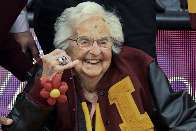 FILE- In this Nov. 27, 2018, file photo, Loyola of Chicago's Sister Jean shows off the NCAA Final Four ring she received before an NCAA college basketball game between Loyola of Chicago and Nevada in Chicago. (AP Photo/Matt Marton, File)