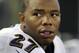 FILE - In this Aug. 7, 2014, file photo, Baltimore Ravens running back Ray Rice sits on the sideline in the first half of an NFL preseason football game against the San Francisco 49ers in Baltimore. Unsigned for two years since the release of the horrific video of him punching his then-fiancee, Rice says his second chance has come through a choice to speak out against domestic violence. (AP Photo/Nick Wass, File)