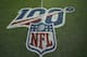 The NFL 100th anniversary logo is seen on the field during an NFL preseason football game between the Denver Broncos and the San Francisco 49ers, Monday, Aug. 19, 2019, in Denver. (AP Photo/Jack Dempsey)