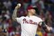 Philadelphia Phillies' Vince Velasquez in action during a baseball game against the San Diego Padres Friday, Aug. 16, 2019, in Philadelphia. (AP Photo/Matt Rourke)