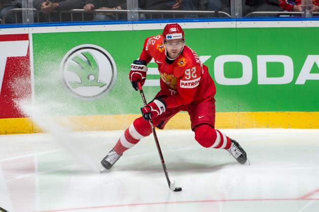 BRATISLAVA, SLOVAKIA - MAY 25: #92 Yevgeny Kuznetsov of Russia in action during the 2019 IIHF Ice Hockey World Championship Slovakia semi final game between Russia and Finland at Ondrej Nepela Arena on May 25, 2019 in Bratislava, Slovakia. (Photo by RvS.Media/Robert Hradil/Getty Images)