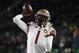 Florida State quarterback James Blackman throws before an NCAA college football game against Notre Dame in South Bend, Ind.,Saturday, Nov. 10, 2018. (AP Photo/Paul Sancya)