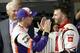 BRISTOL, TENNESSEE - AUGUST 17: Denny Hamlin(L), driver of the #11 FedEx Freight Toyota, speaks with Matt DiBenedetto, driver of the #95 Toyota Express Maintenance Toyota, in Victory Lane after winning the Monster Energy NASCAR Cup Series Bass Pro Shops NRA Night Race at Bristol Motor Speedway on August 17, 2019 in Bristol, Tennessee. DiBenedetto was passed by Hamlin in the closing laps and finished runner-up. (Photo by Brian Lawdermilk/Getty Images)