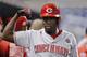 MIAMI, FLORIDA - AUGUST 29: Aristides Aquino #44 of the Cincinnati Reds celebrates after hitting a two-run home run against the Miami Marlins during the first inning at Marlins Park on August 29, 2019 in Miami, Florida. (Photo by Michael Reaves/Getty Images)