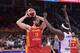 Spain's Marc Gasol (L) holds the ball during the Basketball World Cup Group C game between Puerto Rico and Spain in Guangzhou on September 2, 2019. (Photo by Nicolas ASFOURI / AFP) (Photo credit should read NICOLAS ASFOURI/AFP/Getty Images)