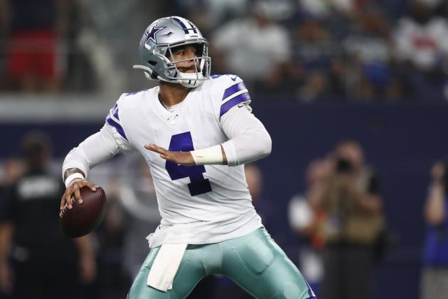 ARLINGTON, TEXAS - AUGUST 24: Dak Prescott #4 of the Dallas Cowboys during a NFL preseason game at AT&T Stadium on August 24, 2019 in Arlington, Texas. (Photo by Ronald Martinez/Getty Images)