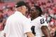 GLENDALE, ARIZONA - AUGUST 15: Wide receiver Antonio Brown #84 of the Oakland Raiders talks with general manager Mike Mayock before the NFL preseason game against the Arizona Cardinals at State Farm Stadium on August 15, 2019 in Glendale, Arizona. (Photo by Christian Petersen/Getty Images)