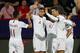 (FromL) Portugal's midfielder Bruno Fernandes, Portugal's defender Ruben Dias and Portugal's forward Cristiano Ronaldo celebrate a goal during the EURO 2020 football qualification match between Serbia and Portugal in Belgrade, Serbia, on September 7, 2019. (Photo by PEDJA MILOSAVLJEVIC / AFP) (Photo credit should read PEDJA MILOSAVLJEVIC/AFP/Getty Images)