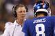 New York Giants head coach Pat Shurmur congratulates New York Giants quarterback Daniel Jones (8) after a touchdown against the Chicago Bears during the second quarter of a preseaon NFL football game, Friday, Aug. 16, 2019, in East Rutherford, N.J. (AP Photo/Adam Hunger)